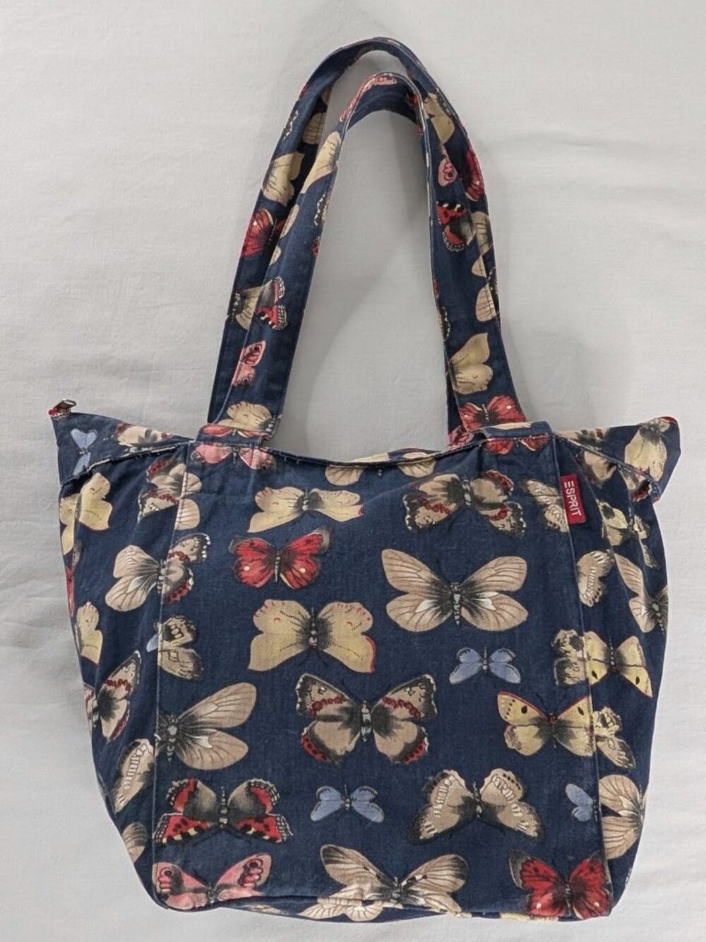 VTG Esprit Blue Butterfly AOP Canvas Top Zipper Tote Bag Purse 90s Y2k
